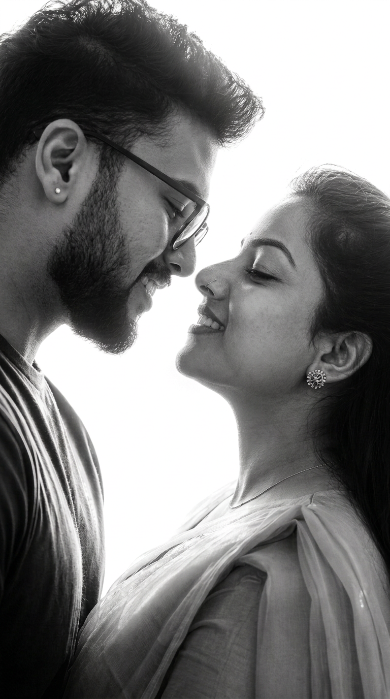 Ajay and Meenu in a close black-and-white portrait